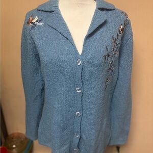 Vintage Blue Button-Up Cardigan with Embroidered Bird Details, L, cottage cozy